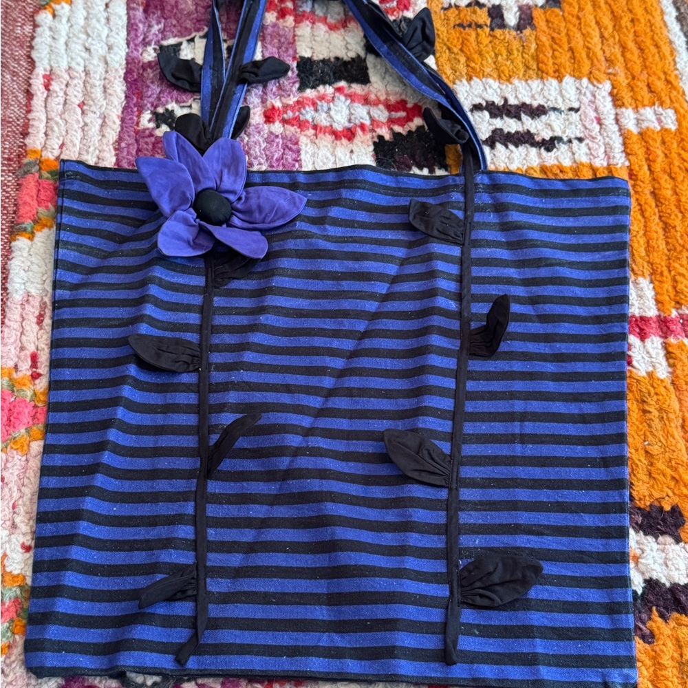 Samantha Pleet Striped Blue and Black Tote Bag with Floral Accent